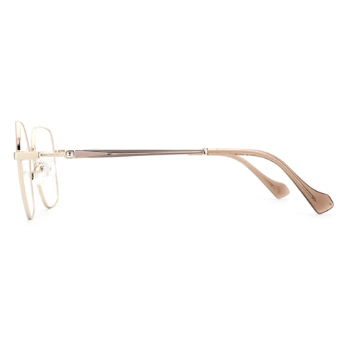 ZENOTTIC Tracy eyeglasses: gold metal geometric frame, clear lens, side view with diamond accent detail.