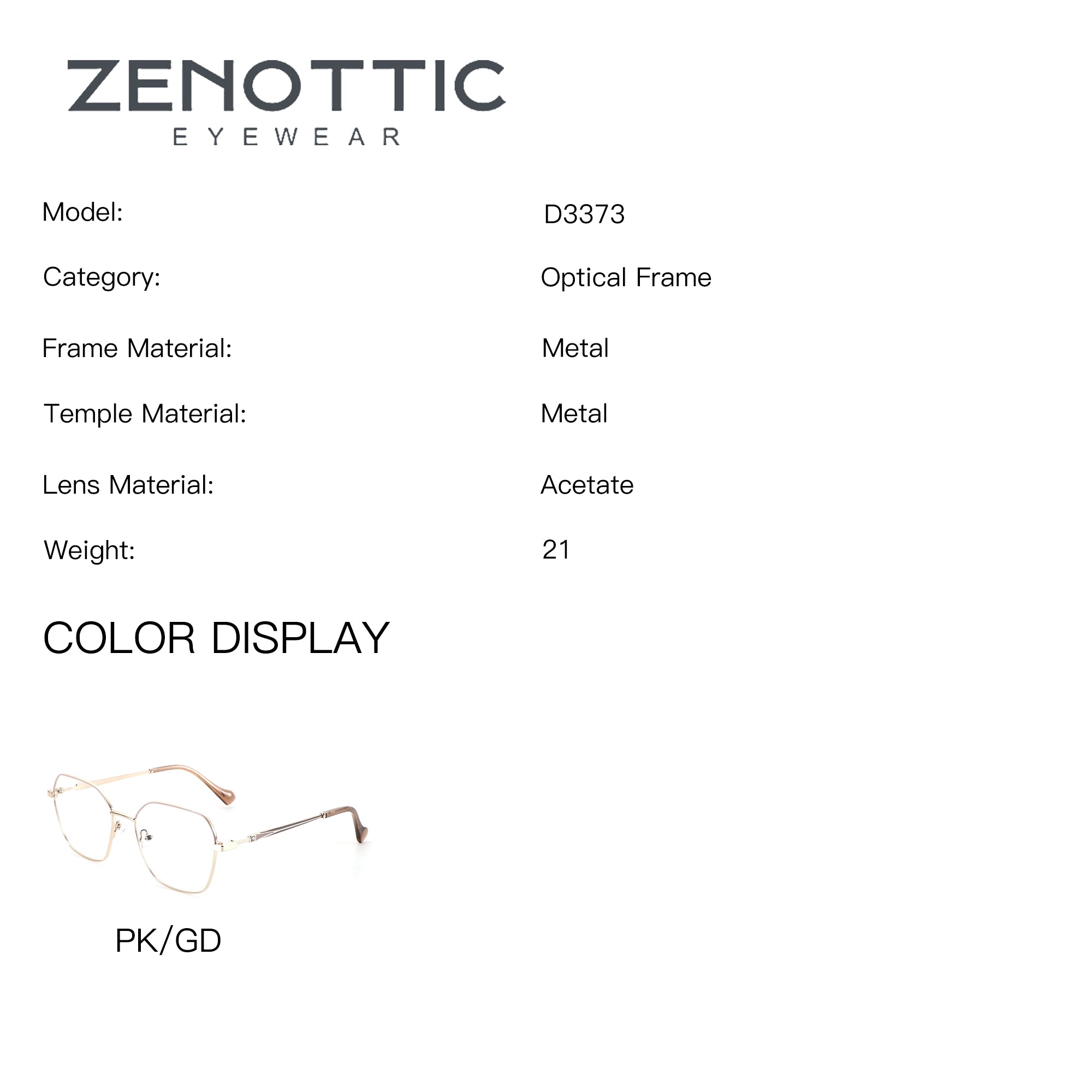 ZENOTTIC D3373 geometric eyeglasses in PK/GD colorway with a metal frame.
