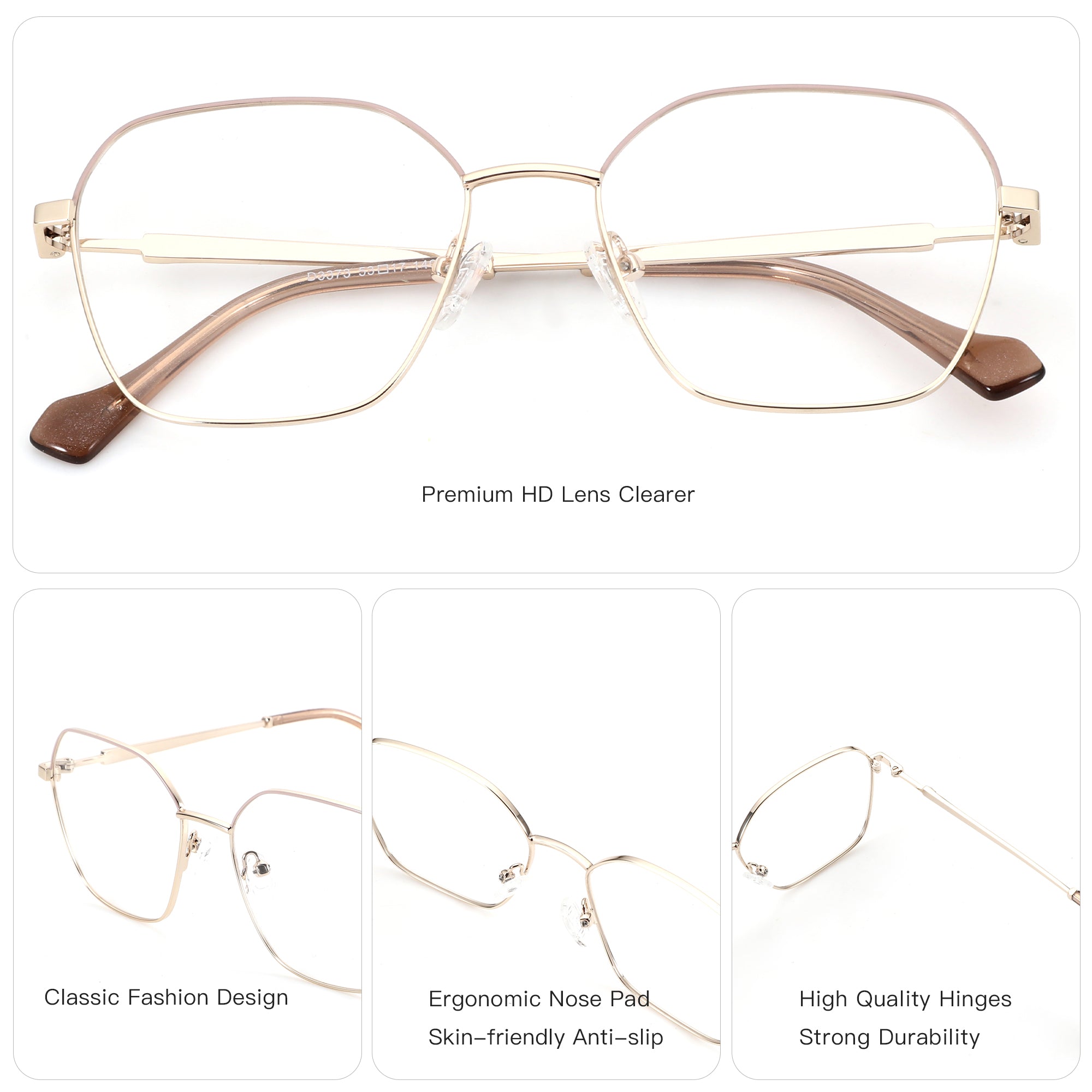 ZENOTTIC Tracy geometric metal eyeglasses, gold frame, clear demo lenses.
