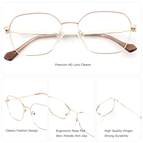ZENOTTIC Tracy geometric metal eyeglasses, gold frame, clear demo lenses.