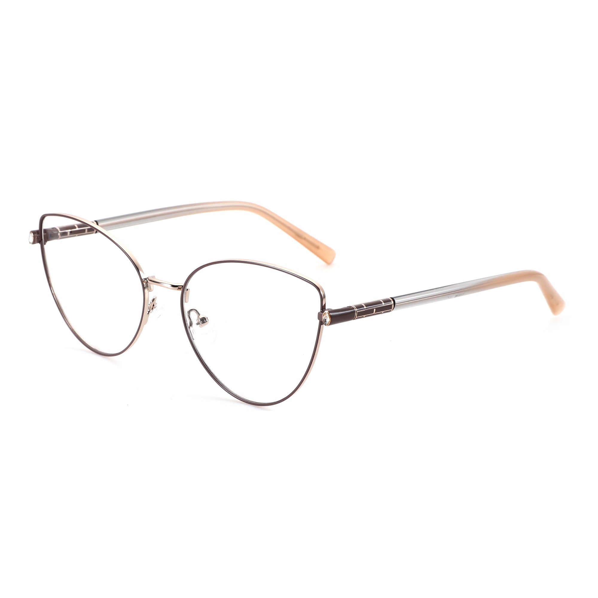 ZENOTTIC Caroline eyeglasses: metal full-rim cat-eye frame, brown accents, beige temple tips.