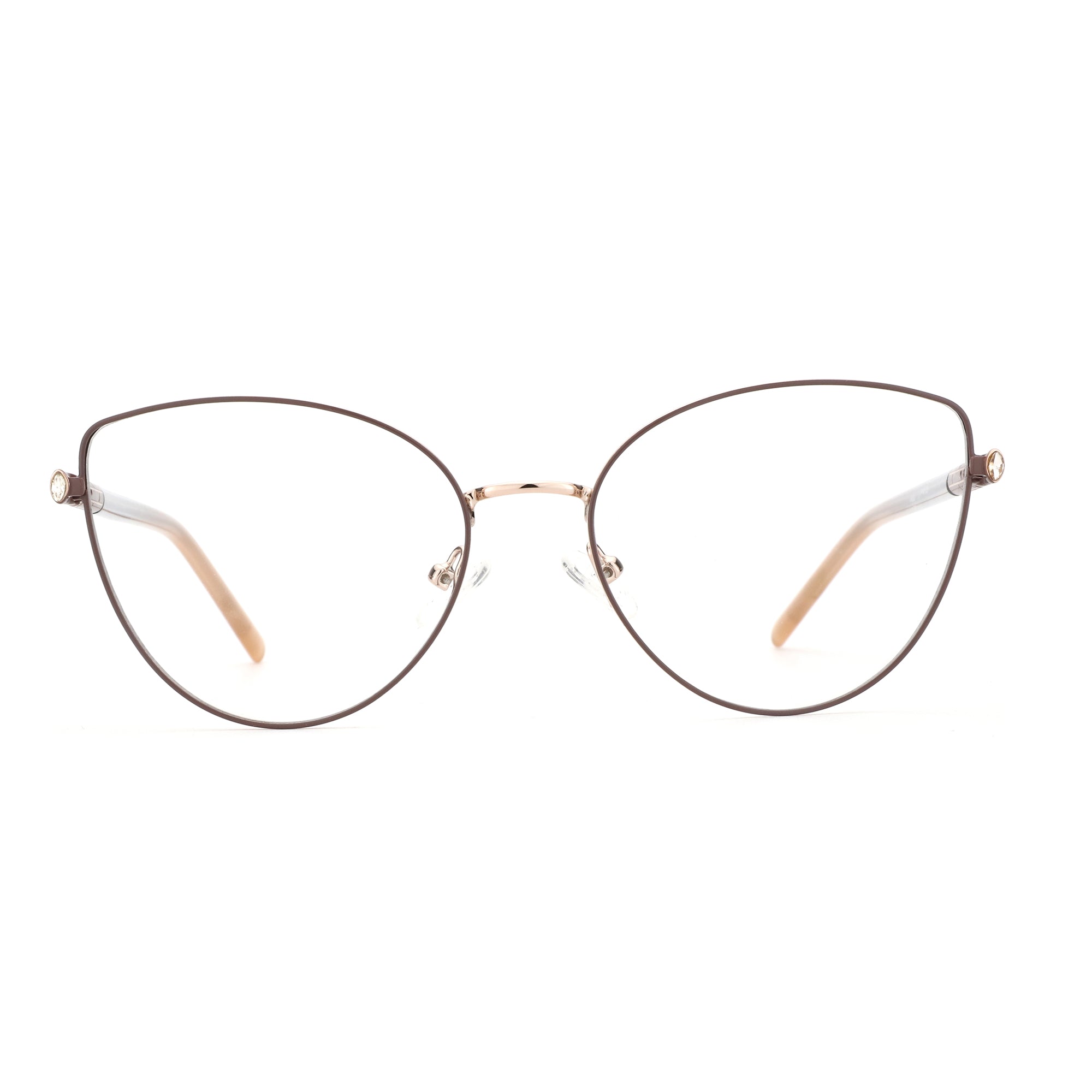ZENOTTIC Caroline cat eye glasses: brown metal frame, clear resin lenses, decorative temple accents.