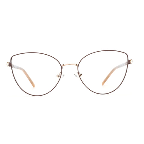 ZENOTTIC Caroline cat eye glasses: brown metal frame, clear resin lenses, decorative temple accents.