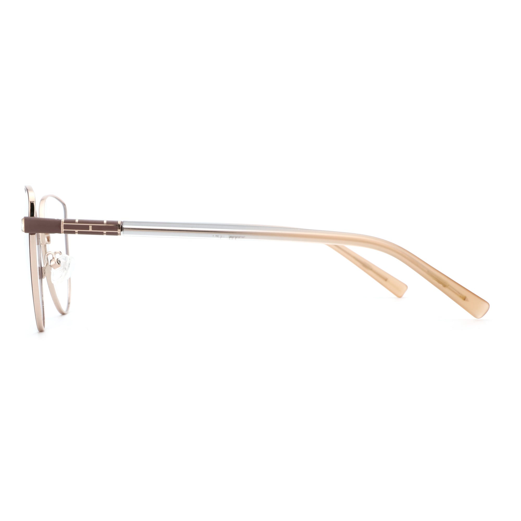 ZENOTTIC Caroline cat eye eyeglasses side view with rose gold metal frame, brown patterned temple, and beige ear tip.