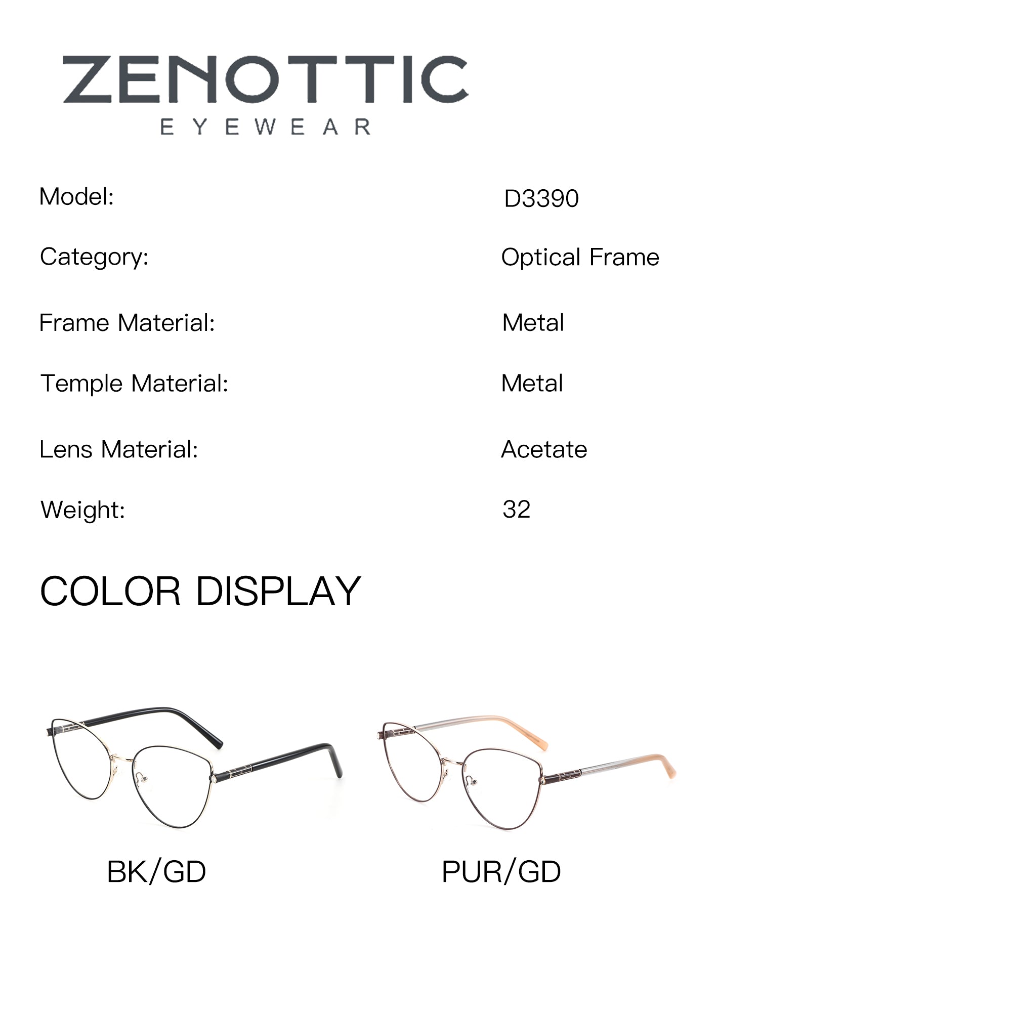 ZENOTTIC Caroline metal cat eye eyeglasses, black/gold and purple/gold options shown.
