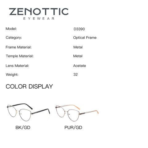 ZENOTTIC Caroline metal cat eye eyeglasses, black/gold and purple/gold options shown.