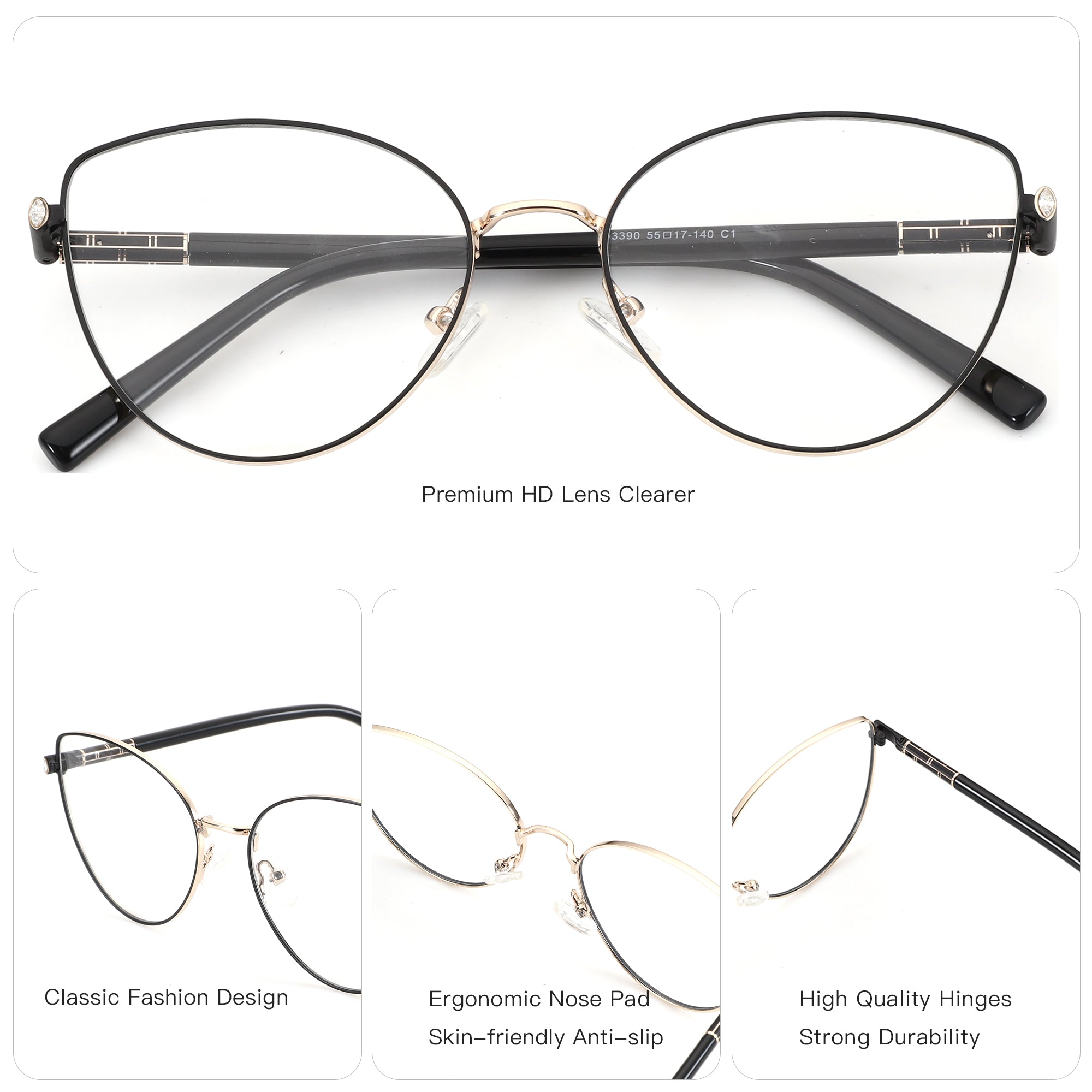 ZENOTTIC Caroline black metal cat eye eyeglasses with clear lenses.
