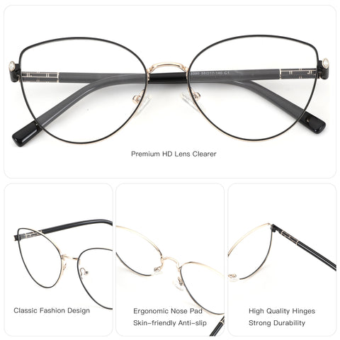 ZENOTTIC Caroline black metal cat eye eyeglasses with clear lenses.