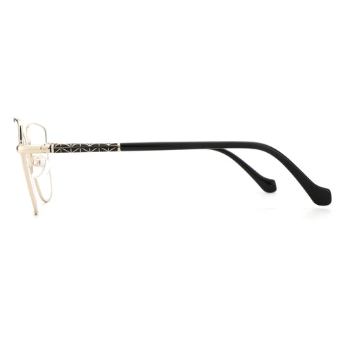 ZENOTTIC Bonnie gold metal cat eye glasses, side view with black patterned temples.
