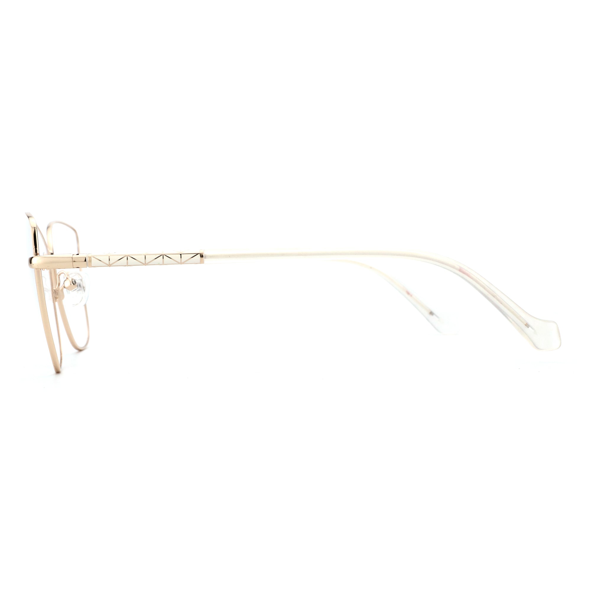 ZENOTTIC Bonnie gold metal cat eye eyeglasses, detailed side view with geometric patterned temple.
