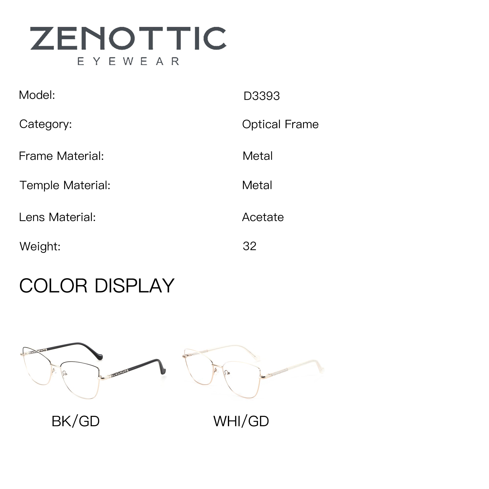 ZENOTTIC Bonnie cat eye metal eyeglasses with color options: Black/Gold and White/Gold.