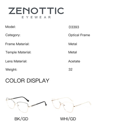 ZENOTTIC Bonnie cat eye metal eyeglasses with color options: Black/Gold and White/Gold.