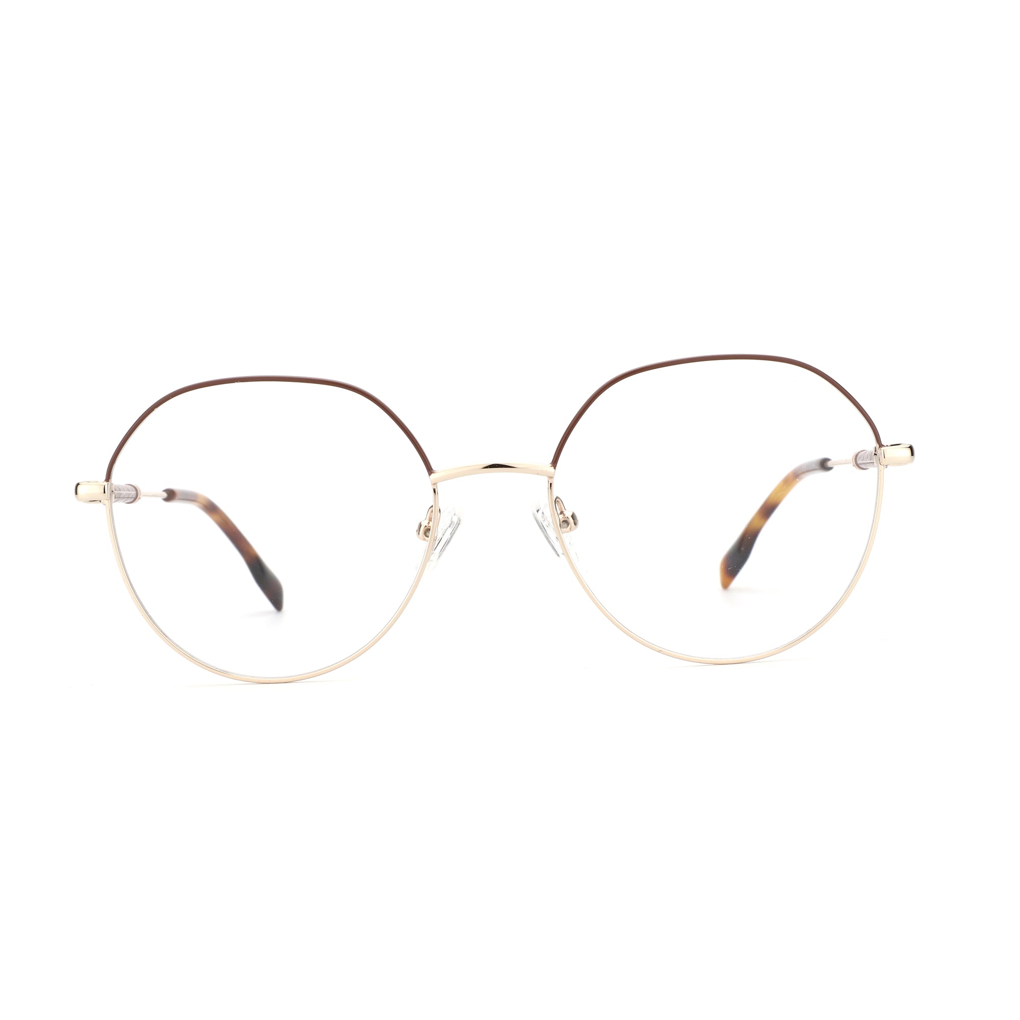 ZENOTTIC June round metal frame eyeglasses with gold, brown, and tortoiseshell temples.