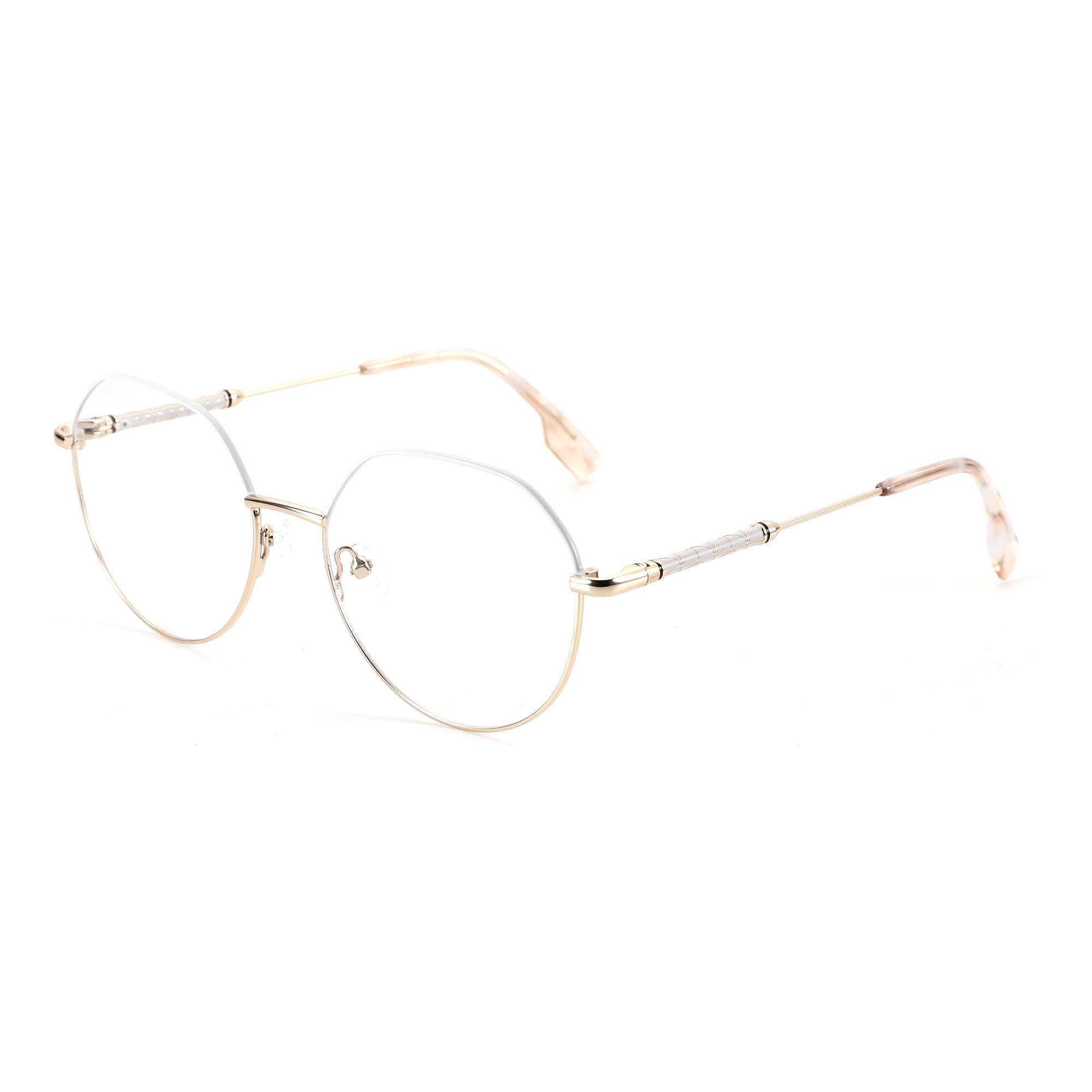 ZENOTTIC June round semi-rimless eyeglasses with gold metal frame and patterned temples.