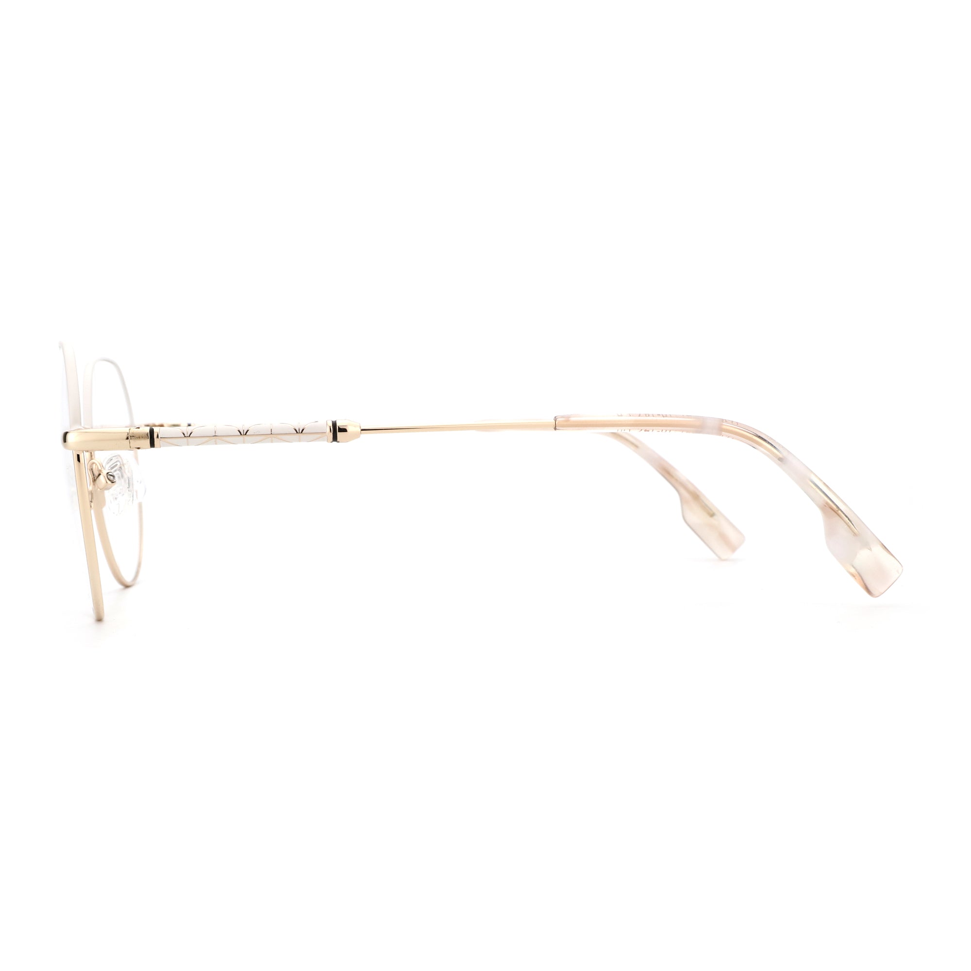 ZENOTTIC June eyeglasses: gold metal frame, white patterned temple, marbled earpiece, 53-18-142.