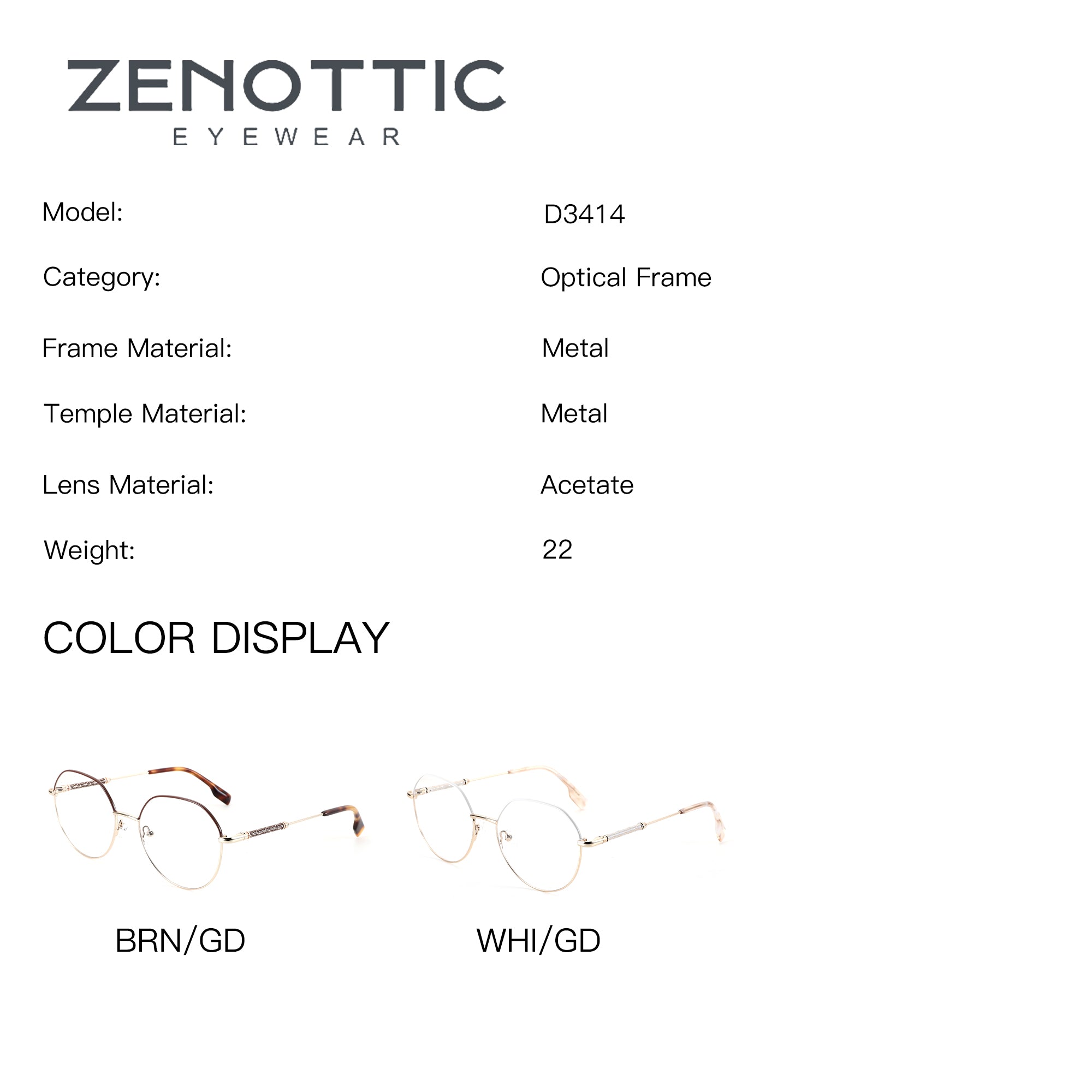 ZENOTTIC D3414 round metal eyeglasses in gold, with brown/gold and white/gold color options.