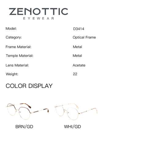 ZENOTTIC D3414 round metal eyeglasses in gold, with brown/gold and white/gold color options.