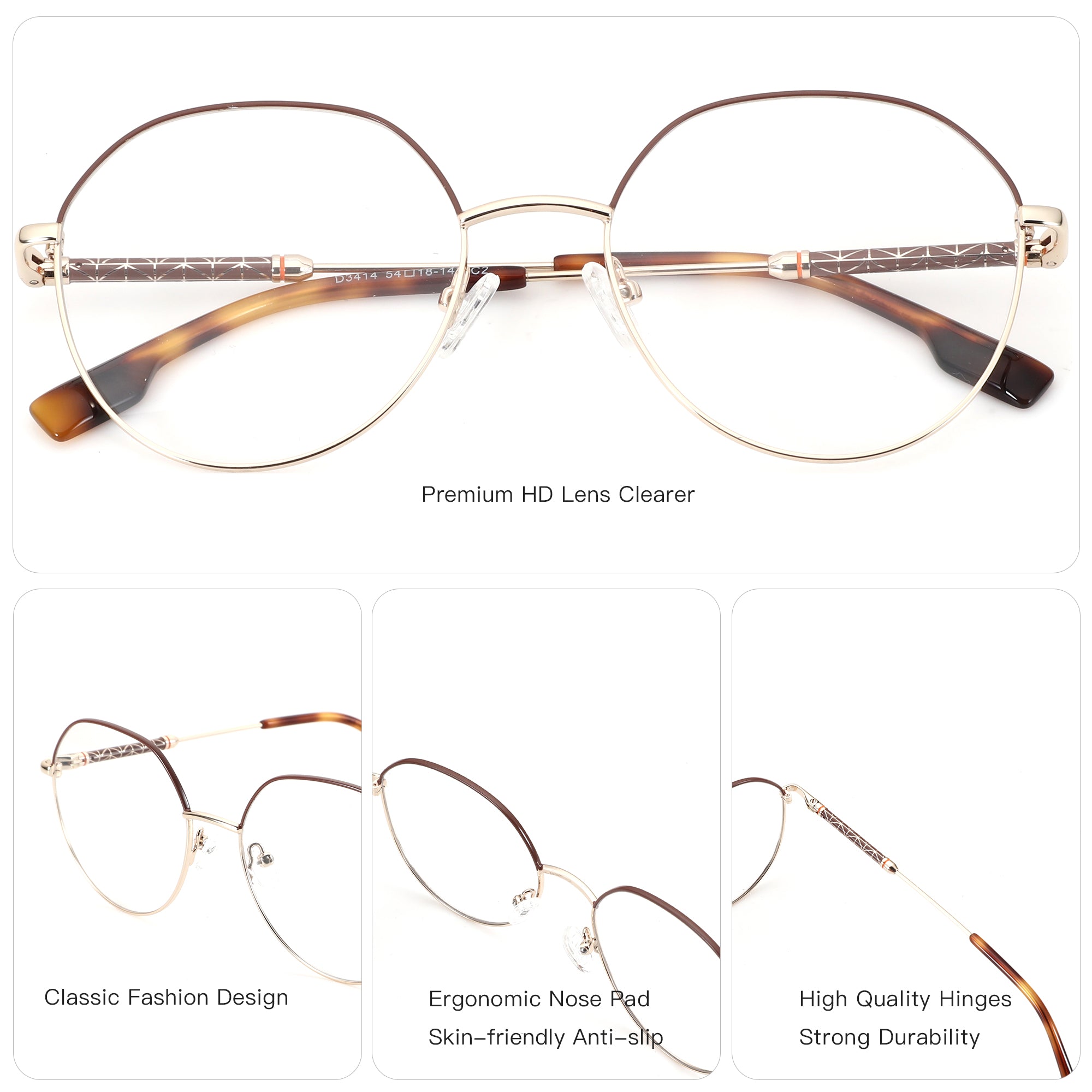 ZENOTTIC gold metal round eyeglasses with classic design, tortoiseshell temples, ergonomic nose pads.