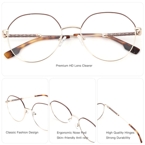 ZENOTTIC gold metal round eyeglasses with classic design, tortoiseshell temples, ergonomic nose pads.