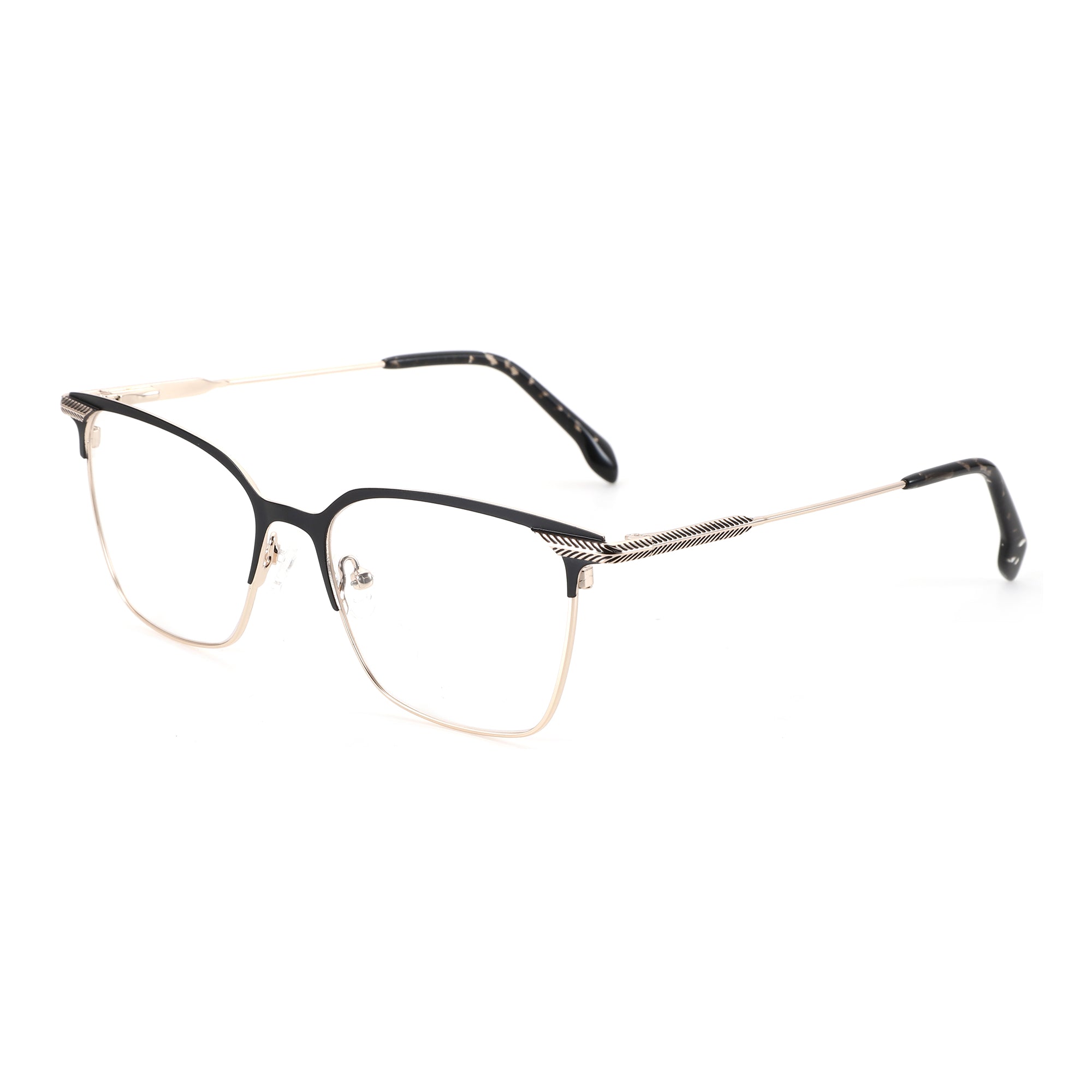 Gold and black metal square Zenottic Carl eyeglasses with engraved temple detail.