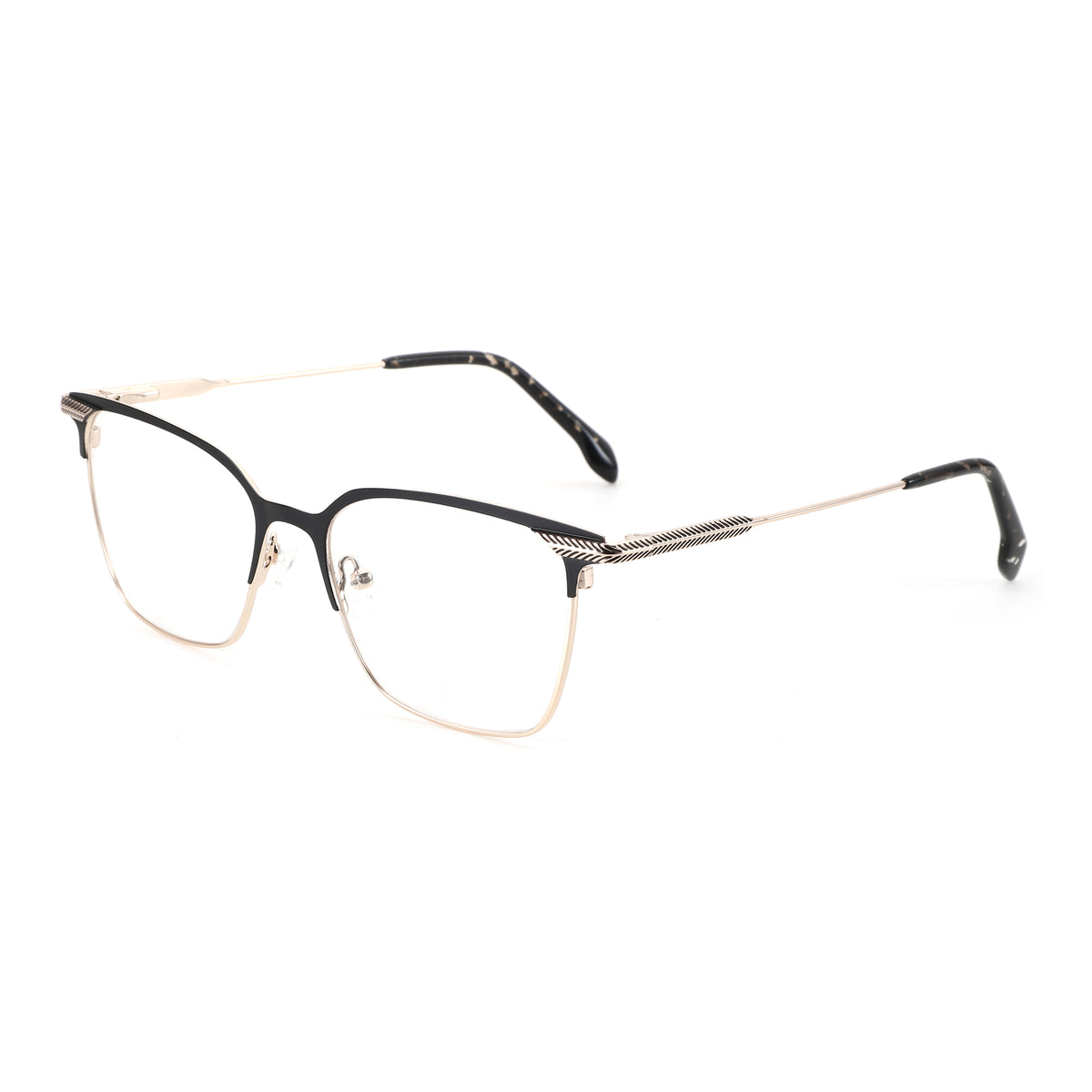 Gold and black metal square Zenottic Carl eyeglasses with engraved temple detail.