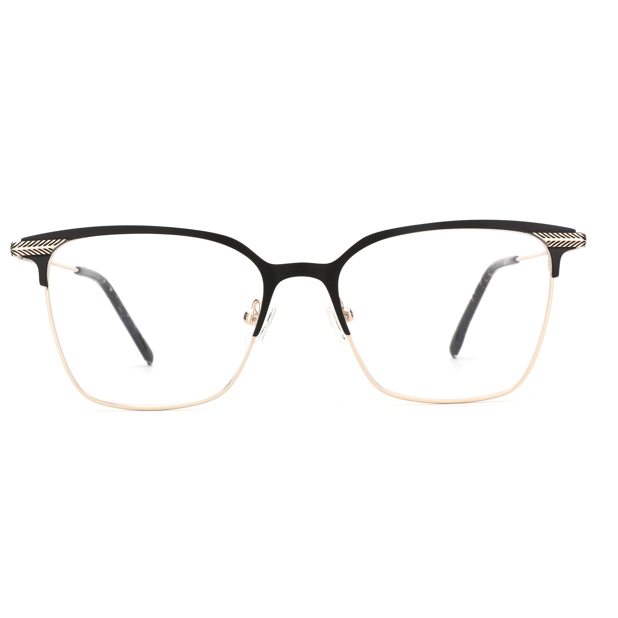 Trendy square ZENOTTIC eyeglasses, black metal browline, gold rim, decorative temples