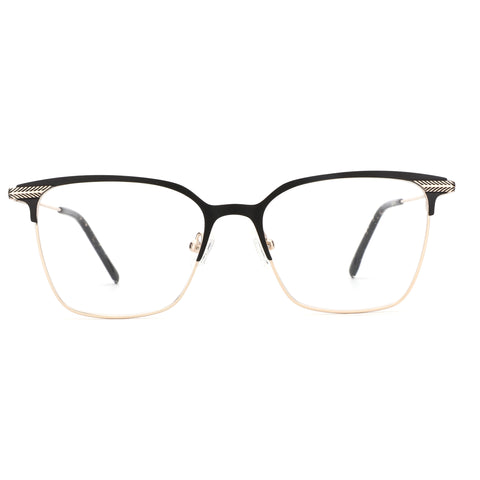 Trendy square ZENOTTIC eyeglasses, black metal browline, gold rim, decorative temples