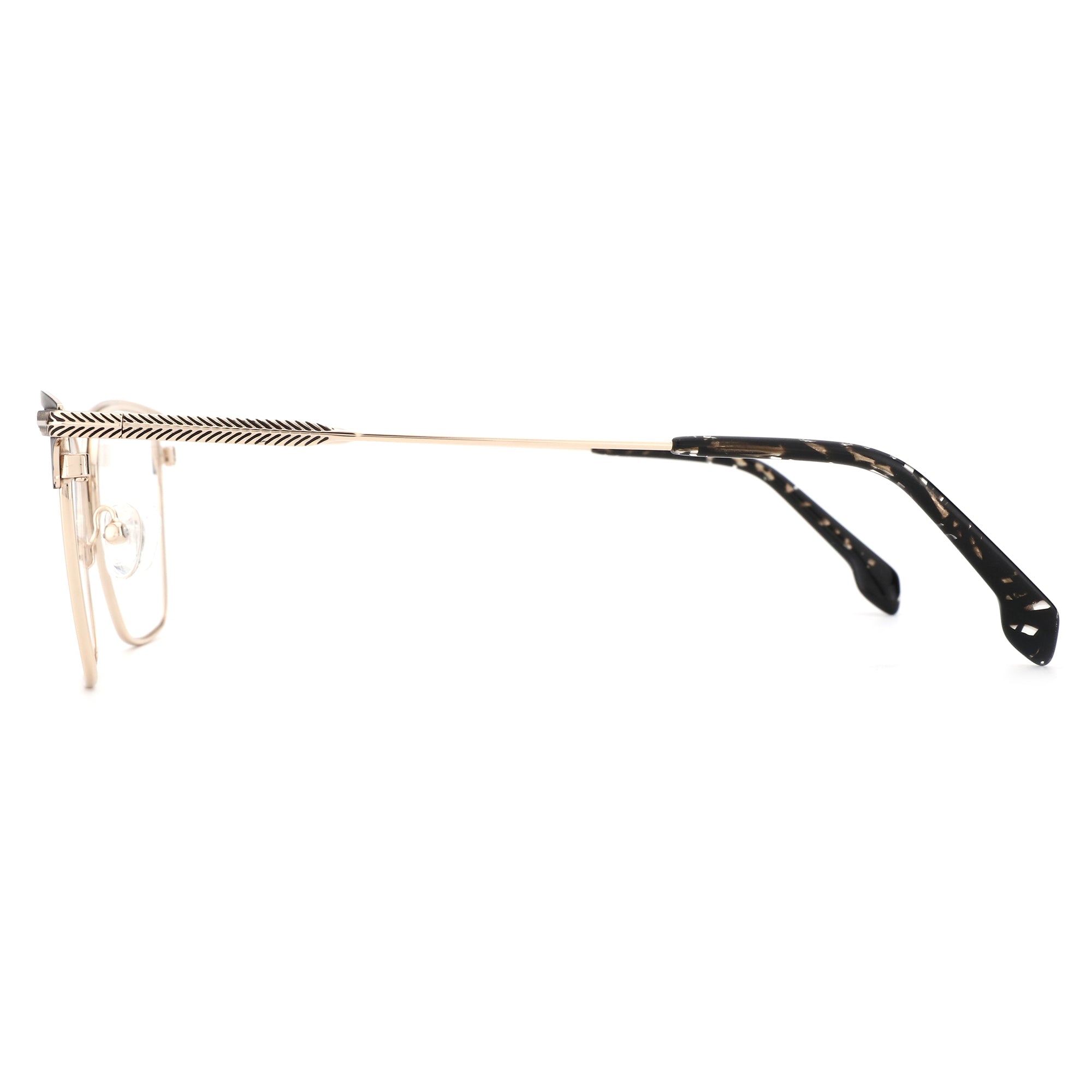 ZENOTTIC Carl eyeglasses: gold metal full-rim square frame with textured detail & speckled temples.