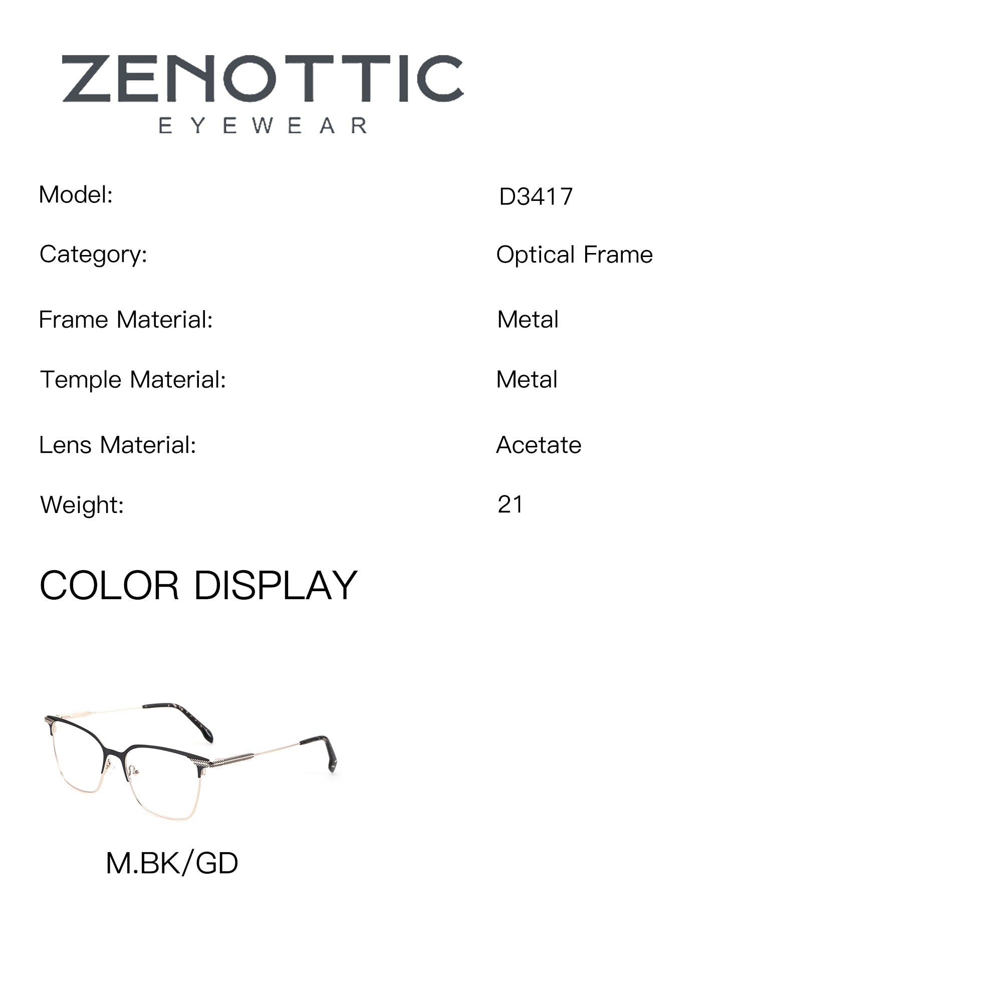 ZENOTTIC Carl optical glasses D3417, black and gold metal square frame.