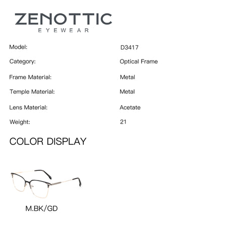 ZENOTTIC Carl optical glasses D3417, black and gold metal square frame.