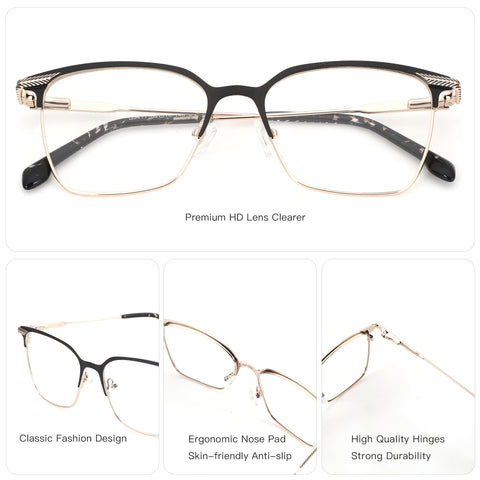 ZENOTTIC Carl eyeglasses: metal square frame, black & gold, clear demo lenses.