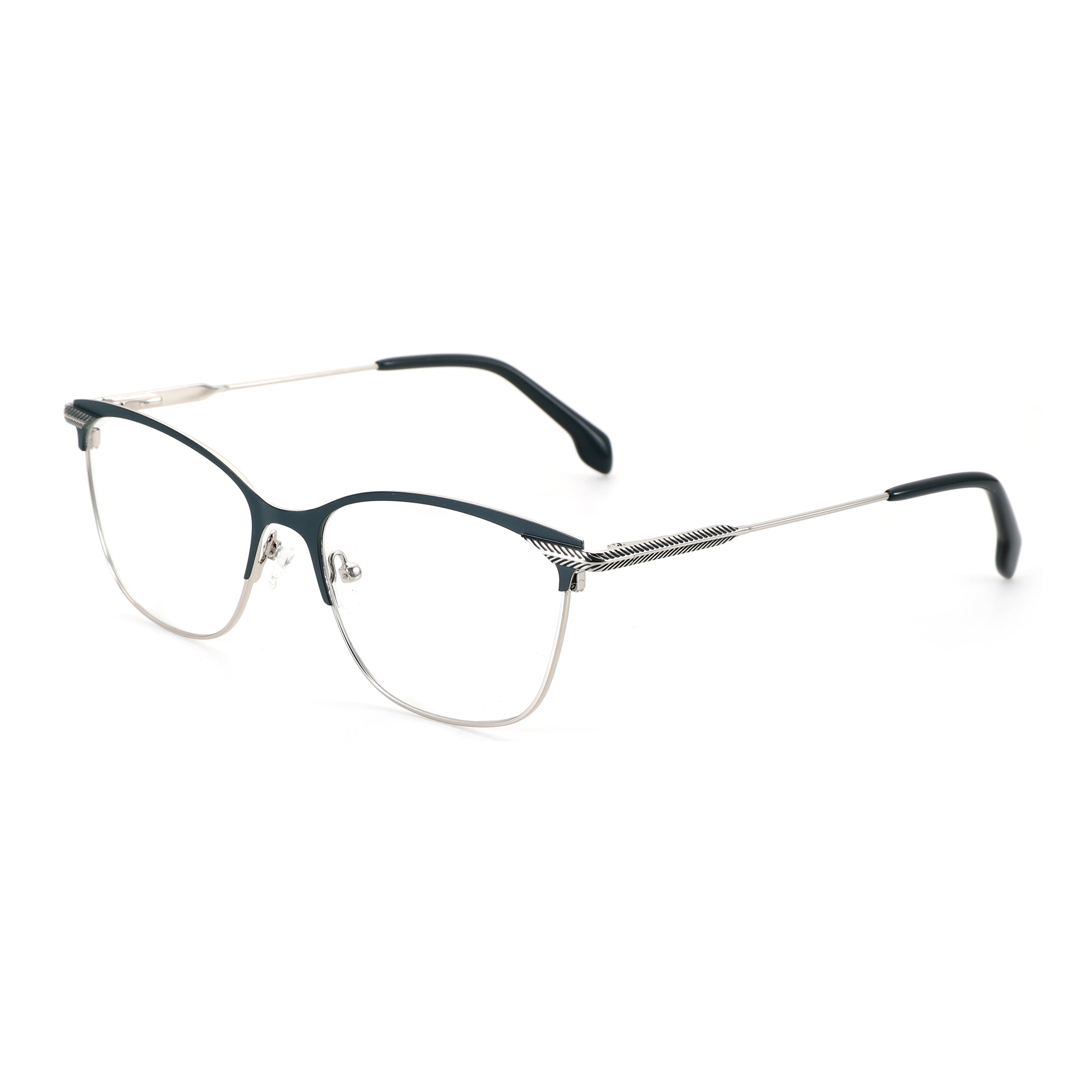 ZENOTTIC Miah cat-eye eyeglasses in dark metal with silver temples featuring feather design.