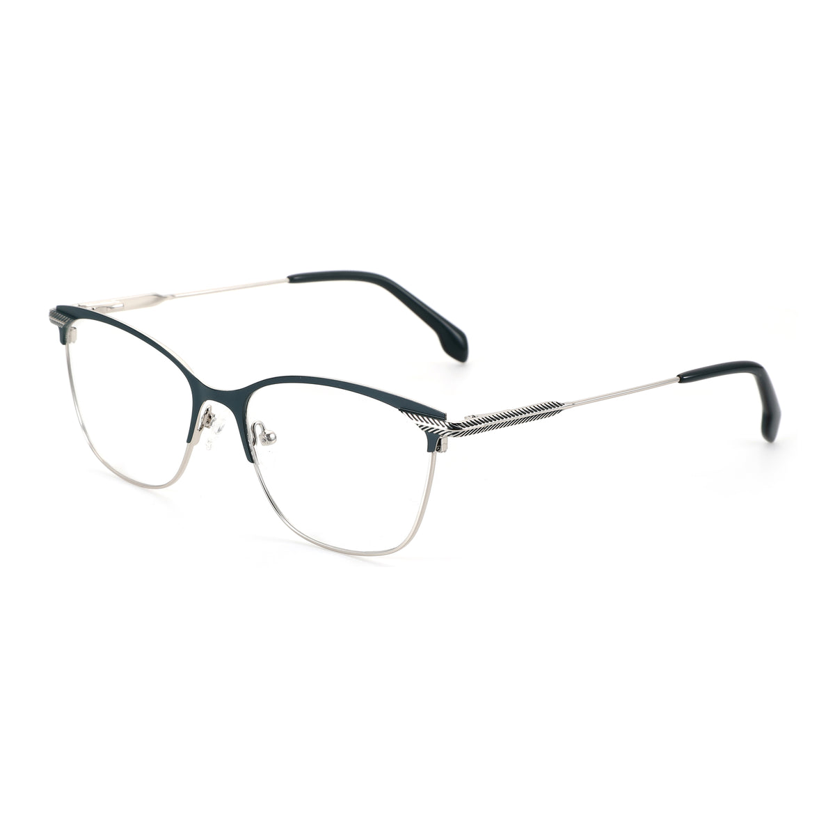 ZENOTTIC Miah cat-eye eyeglasses in dark metal with silver temples featuring feather design.