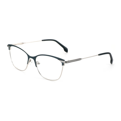 ZENOTTIC Miah cat-eye eyeglasses in dark metal with silver temples featuring feather design.