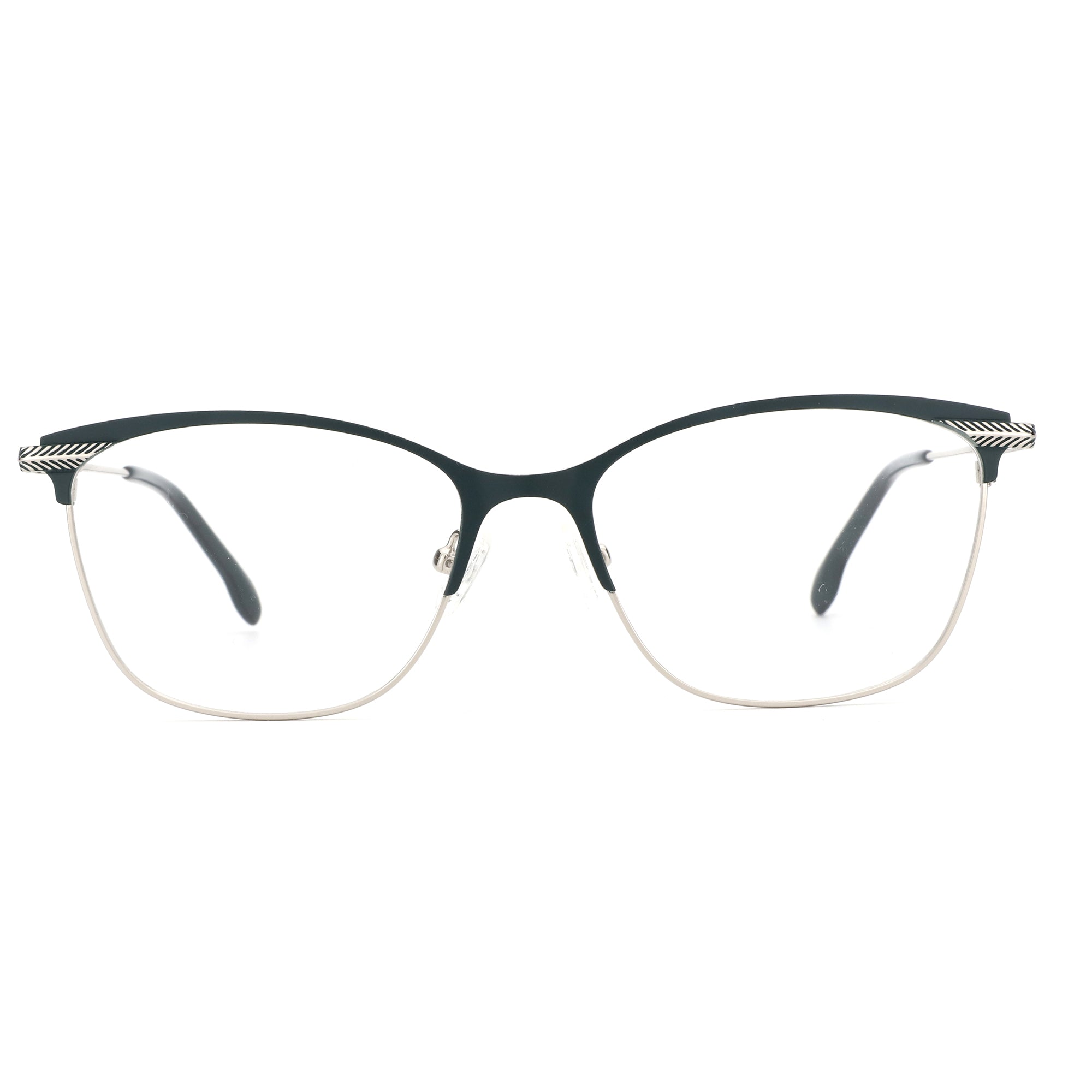 ZENOTTIC Miah eyeglasses: dark metal top rim, silver bottom rim, modern cat-eye shape.