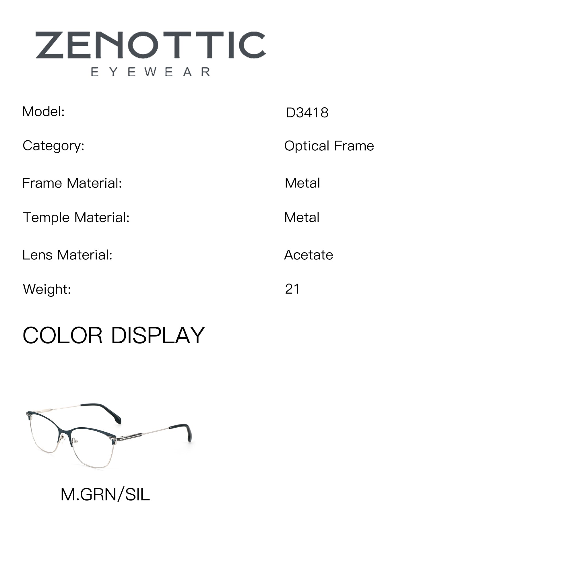 ZENOTTIC Miah D3418 eyeglasses, matte green and silver metal frame.