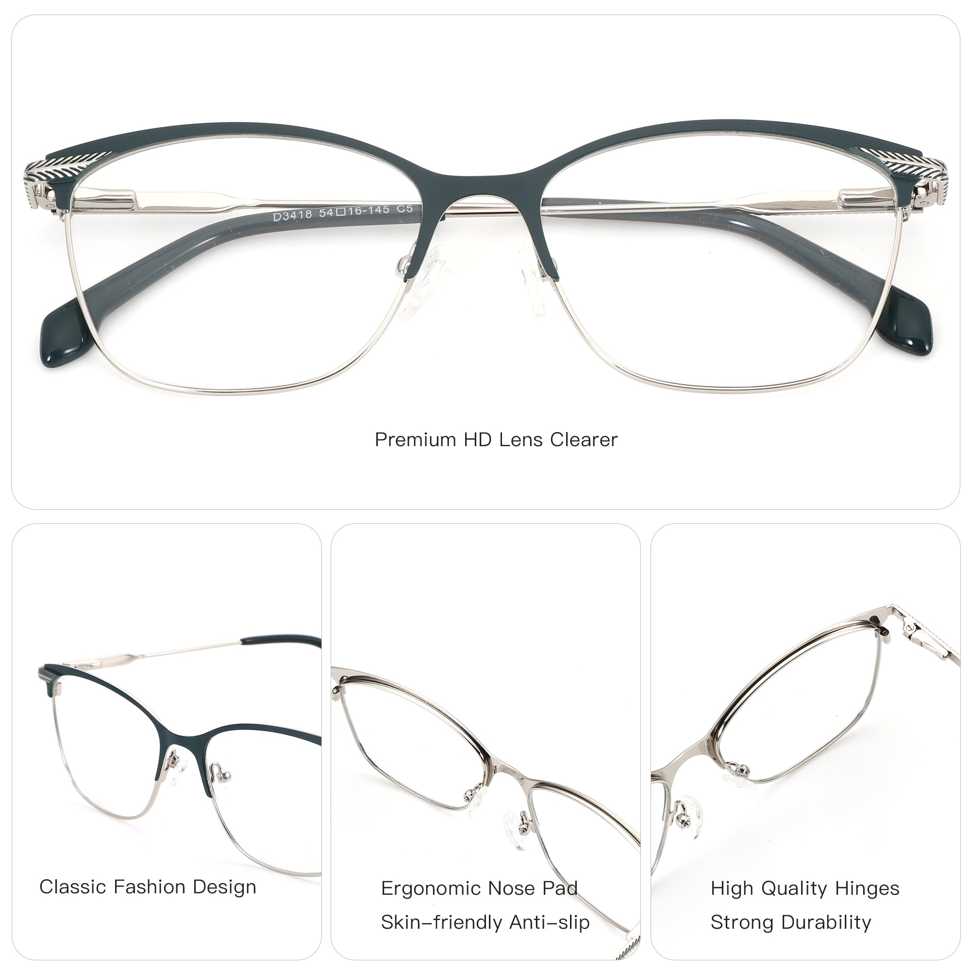 ZENOTTIC Miah semi-rimless glasses, dark green browline, silver metal frame, clear lenses.