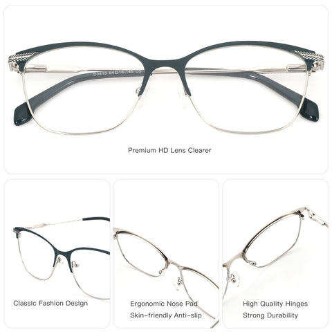 ZENOTTIC Miah semi-rimless glasses, dark green browline, silver metal frame, clear lenses.