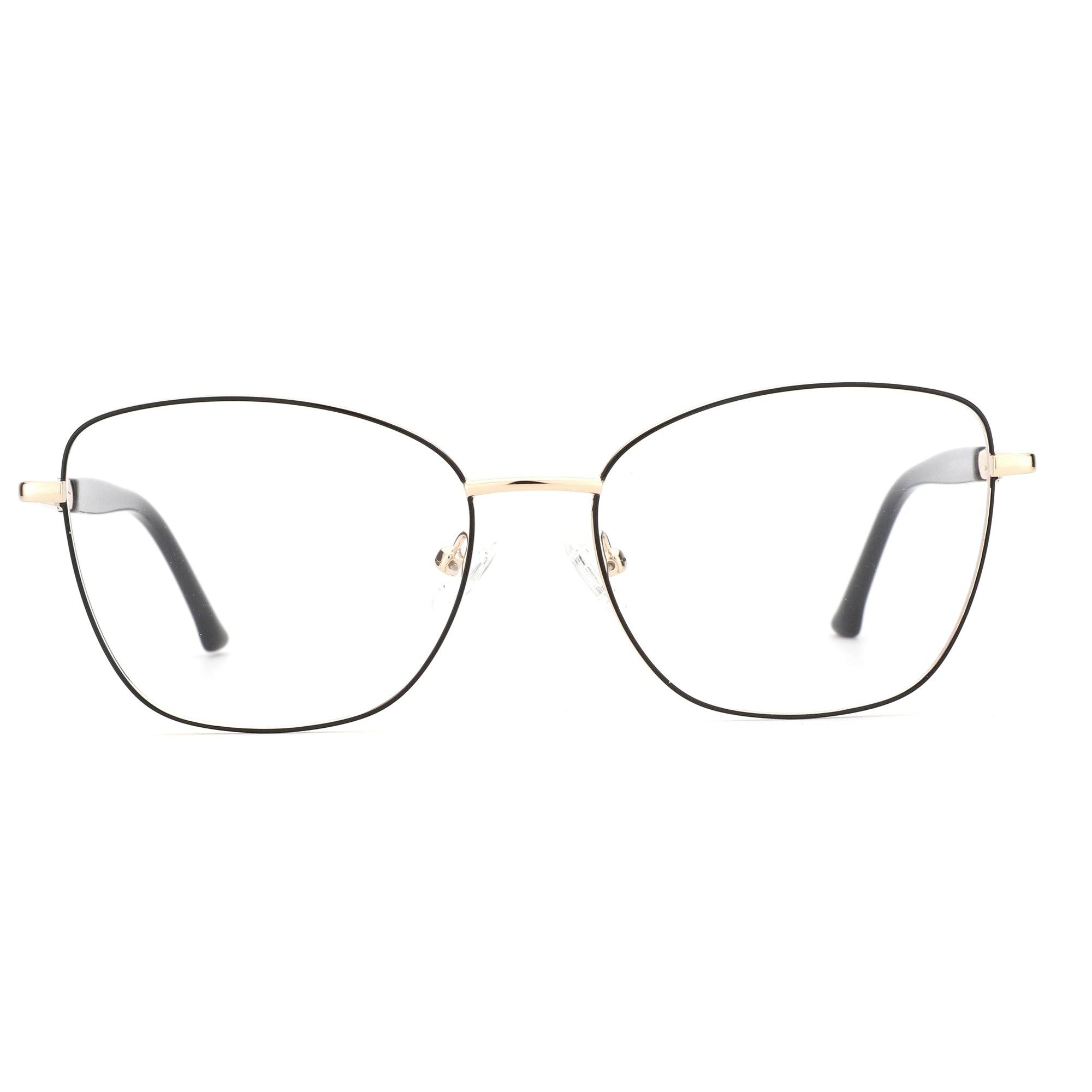 ZENOTTIC Etranfire black metal cat-eye eyeglasses with gold bridge and temples.