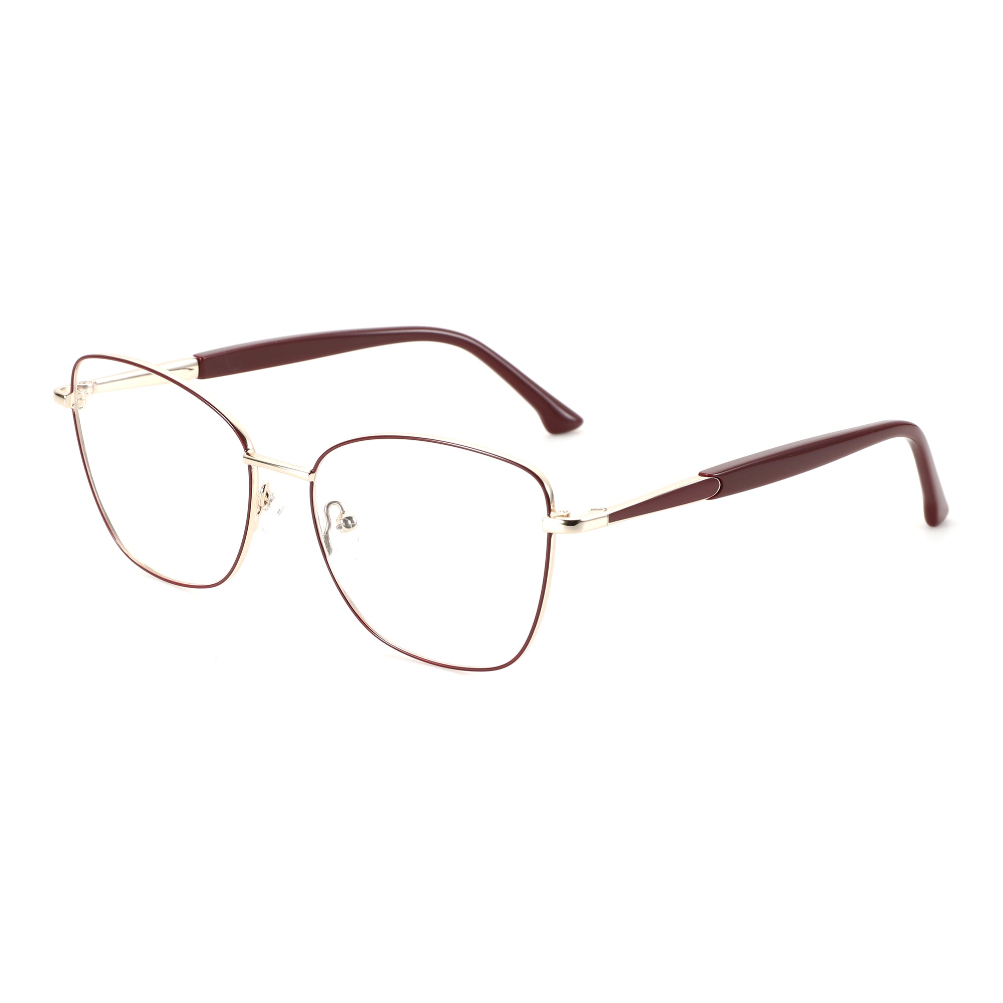 ZENOTTIC Etranfire eyeglasses: gold metal cat eye frame with maroon temples.