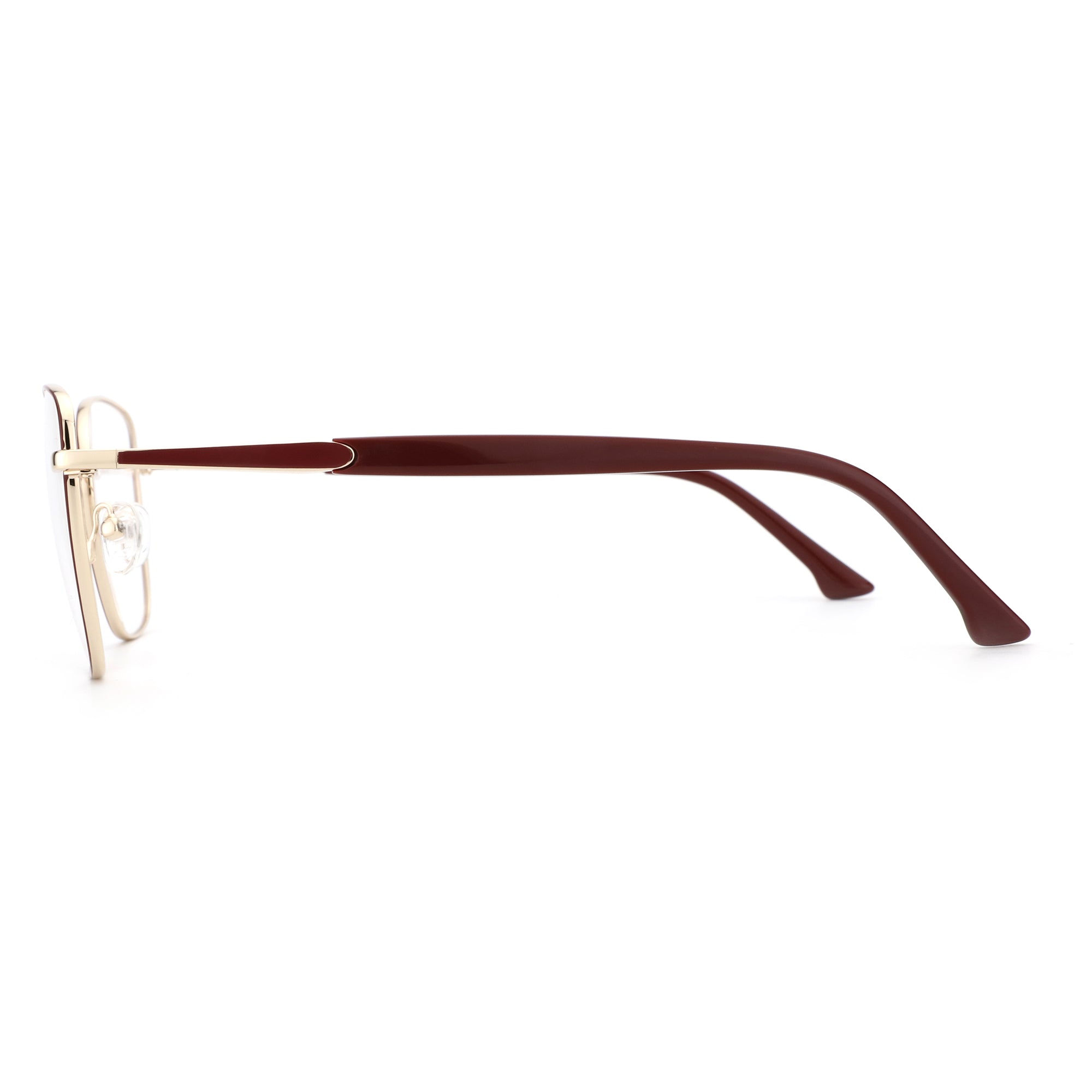 ZENOTTIC Etranfire cat eye eyeglasses with gold metal frame and maroon temples.
