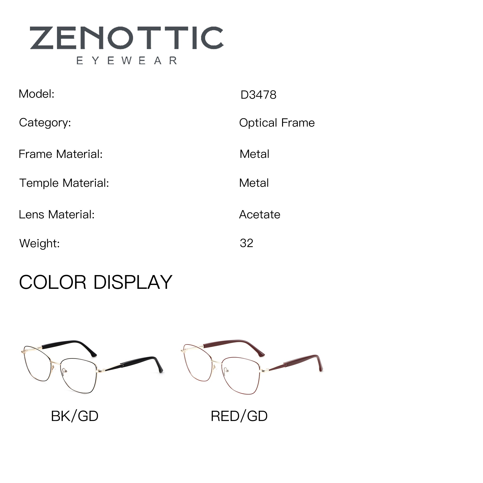 ZENOTTIC Etranfire D3478 eyeglasses: metal cat-eye frames in BK/GD and RED/GD colors.