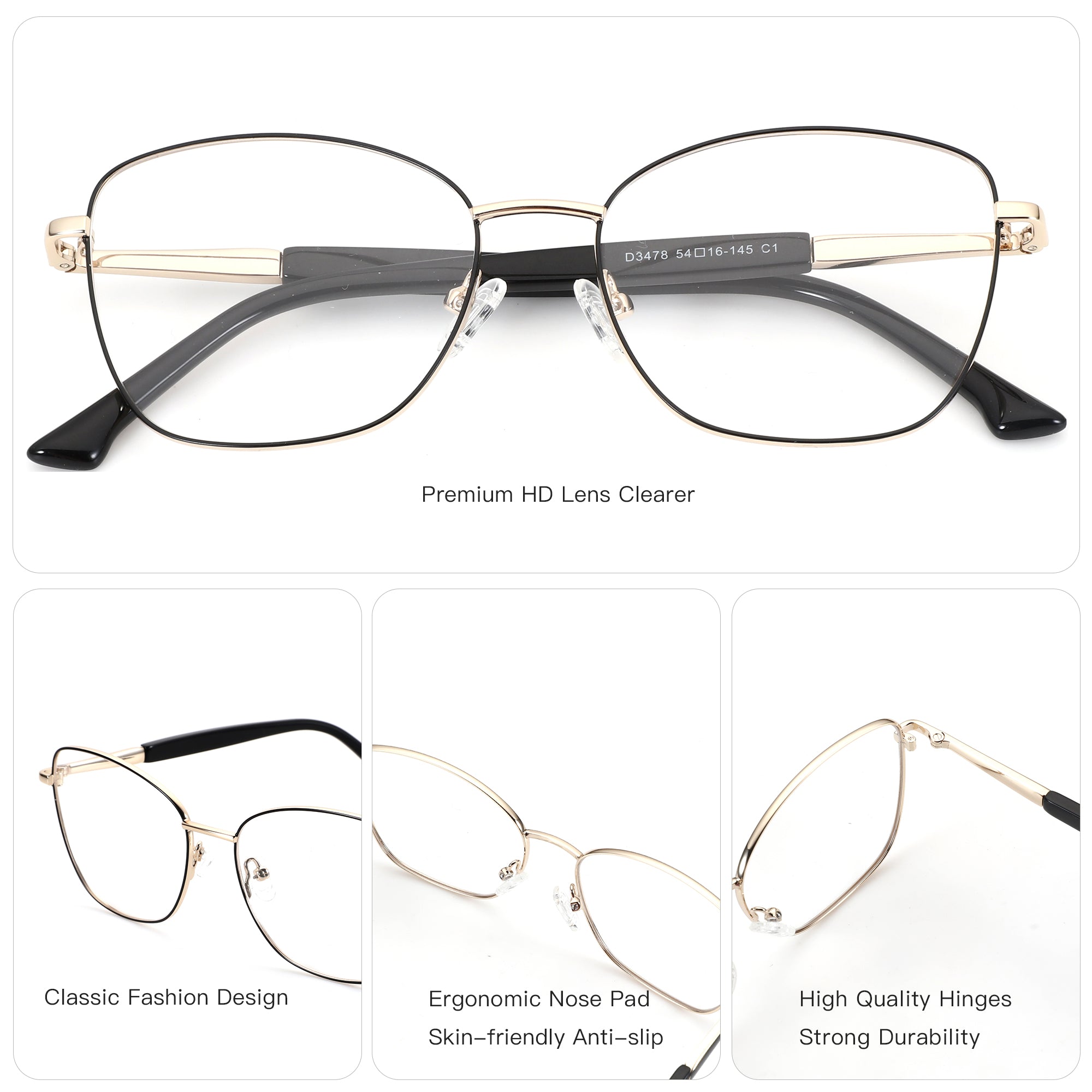 ZENOTTIC Etranfire gold metal cat eye eyeglasses with black accents