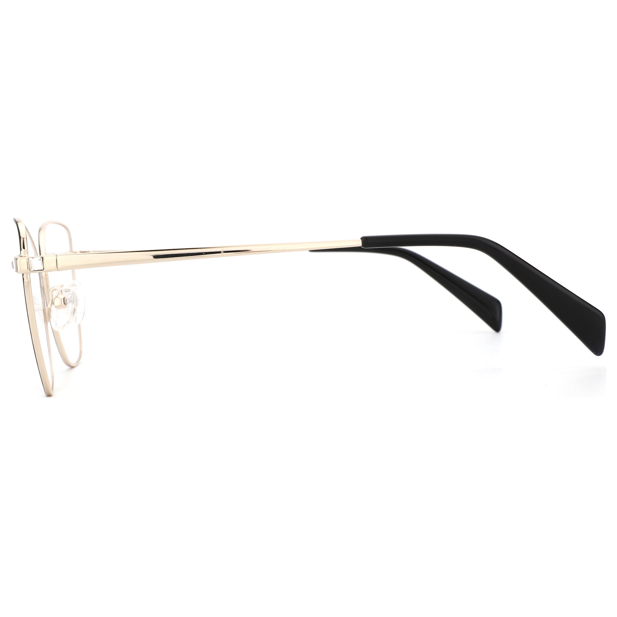 ZENOTTIC Cheri square eyeglasses, gold metal front, black plastic temple arms, side view.