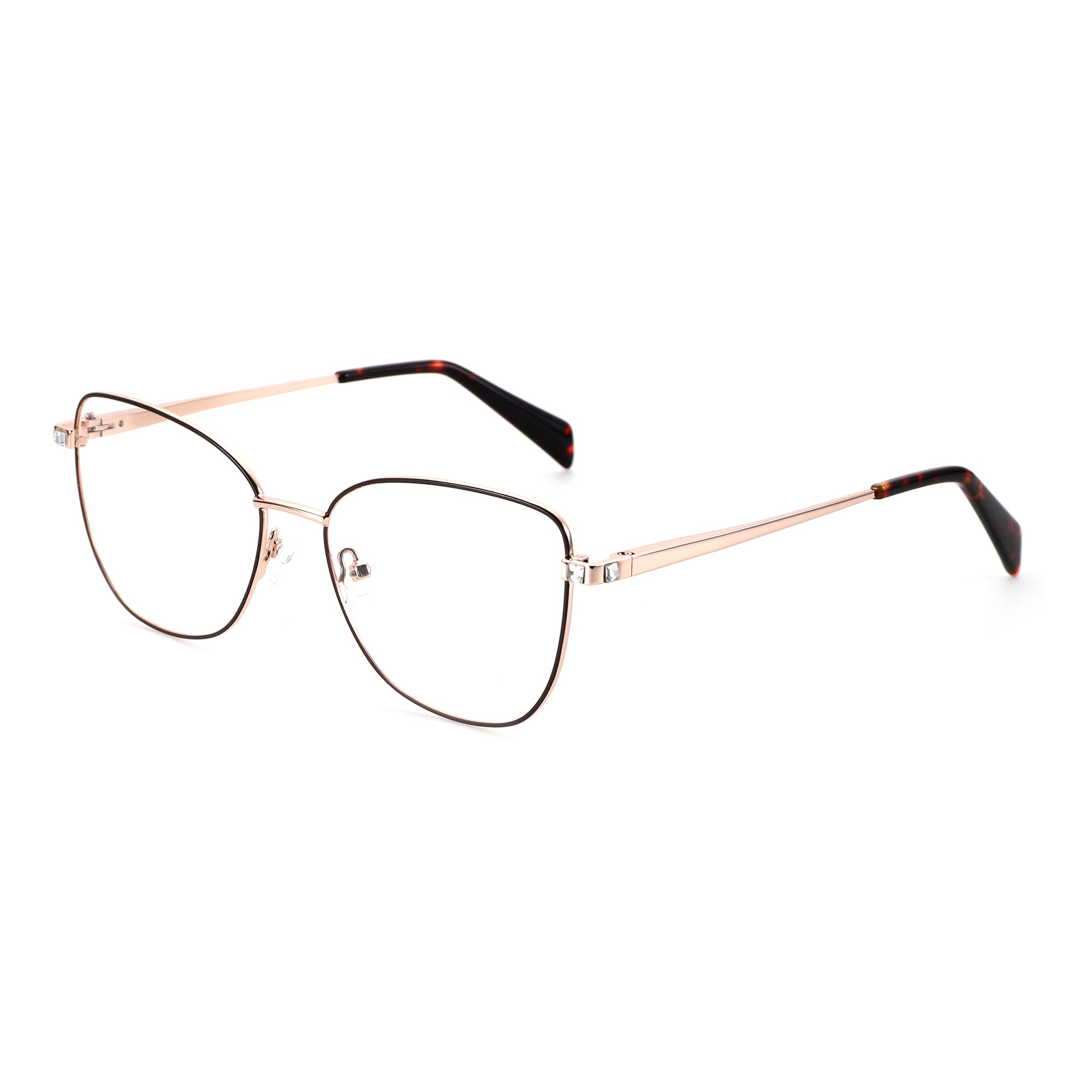 ZENOTTIC Cheri rose gold metal square eyeglasses with crystal hinges & tortoiseshell temples