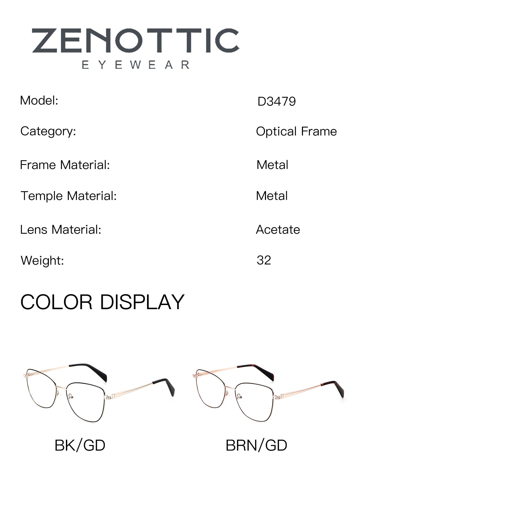 ZENOTTIC Cheri square metal eyeglasses: black/gold and brown/gold color options.