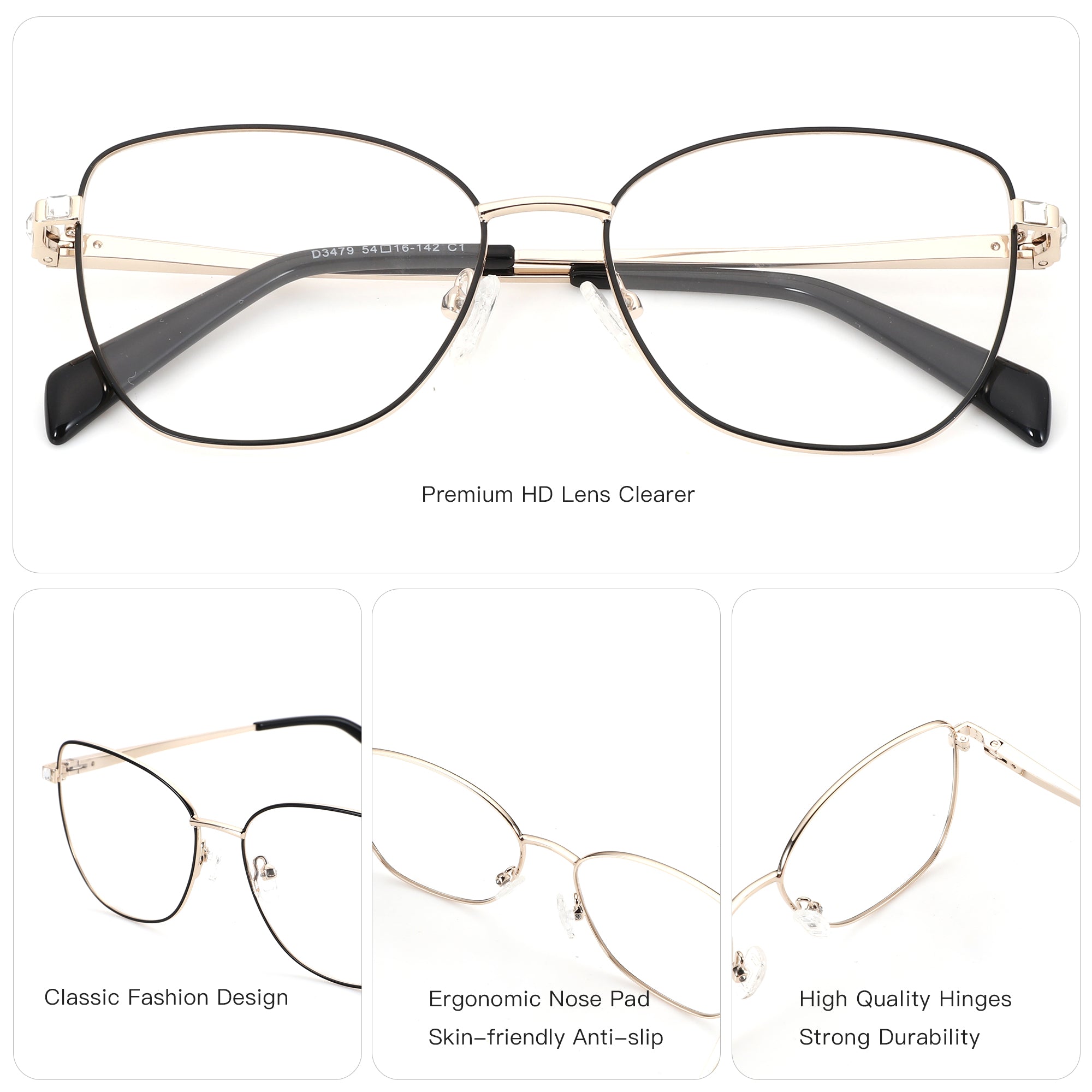 ZENOTTIC Cheri square eyeglasses: gold/black metal frame, clear demo lenses, model D3479