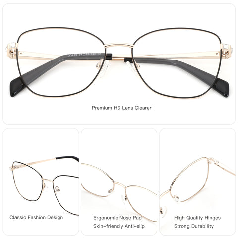 ZENOTTIC Cheri square eyeglasses: gold/black metal frame, clear demo lenses, model D3479