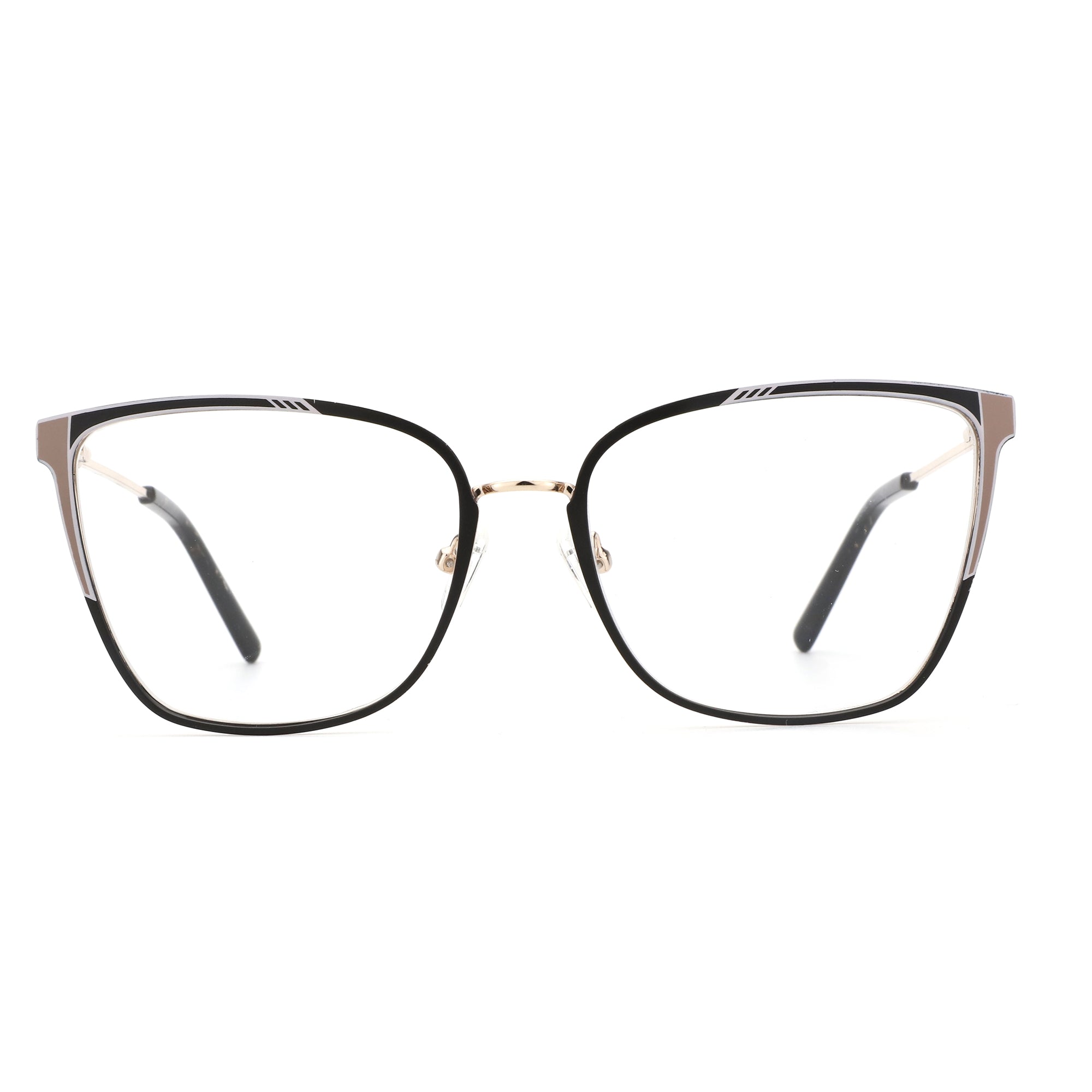 ZENOTTIC Veloma black metal square eyeglasses with clear demo lenses and striped detail