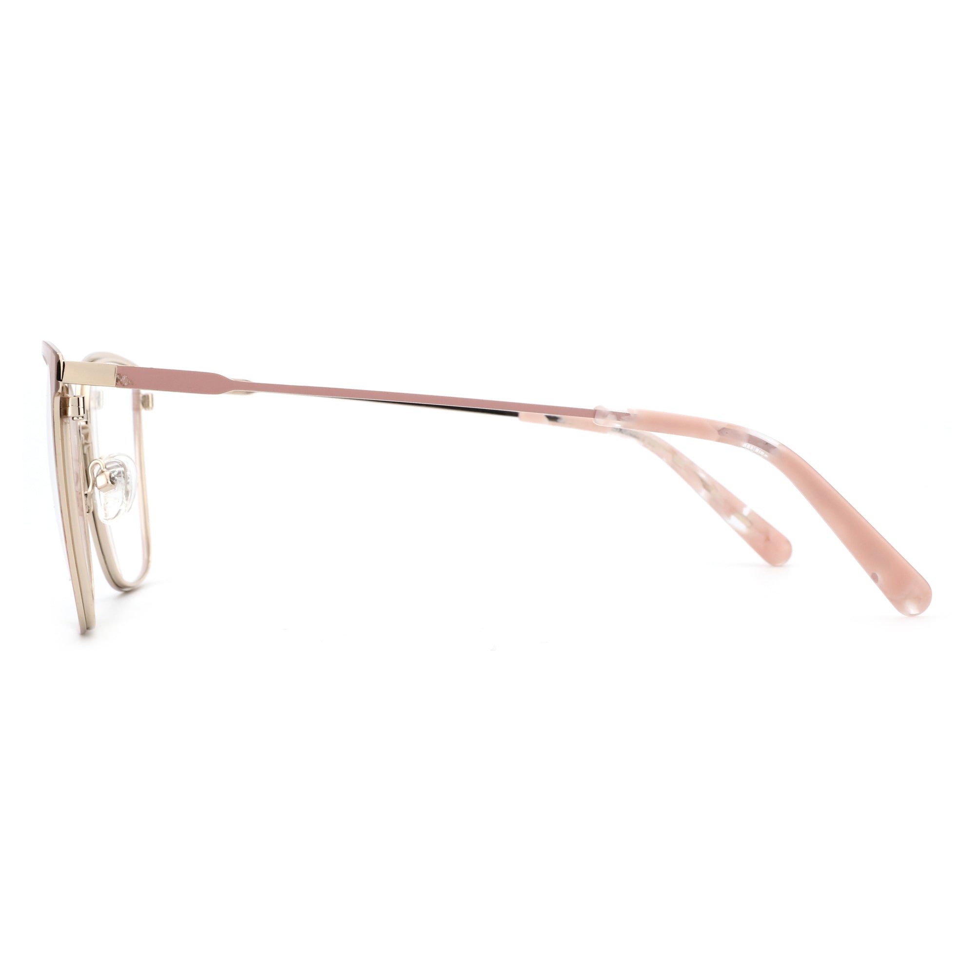 ZENOTTIC Veloma metal square eyeglasses in champagne gold with pink marble temples.